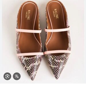 Malone Souliers Pink and Brown snake print Pointed-Toe Mules 39